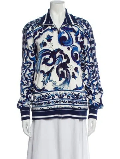 Pre-owned Dolce & Gabbana Silk Printed Bomber Jacket W/ Tags In Blue