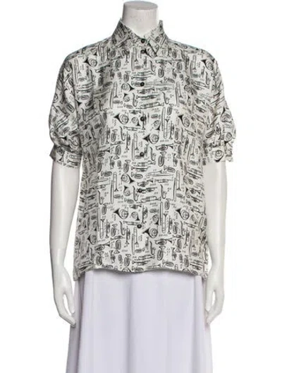 Pre-owned Dolce & Gabbana Silk Printed Button-up Top In White