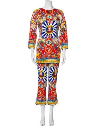 Pre-owned Dolce & Gabbana Silk Printed Pant Set In Blue