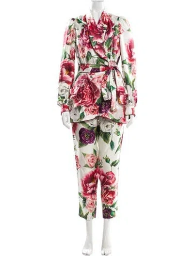 Pre-owned Dolce & Gabbana Silk Printed Pant Set In White