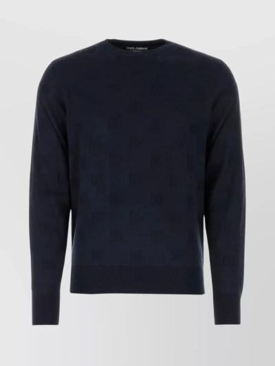 Dolce & Gabbana Silk Ribbed Crew-neck Sweater With Logo Pattern In Blue