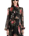 Dolce & Gabbana Rose Bouquet-print Silk Chiffon Neck-tie Blouse In Black