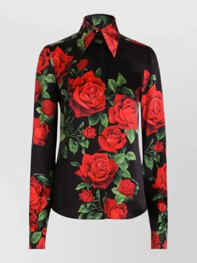 Dolce & Gabbana Silk Rose-print Long-sleeve Shirt In Black