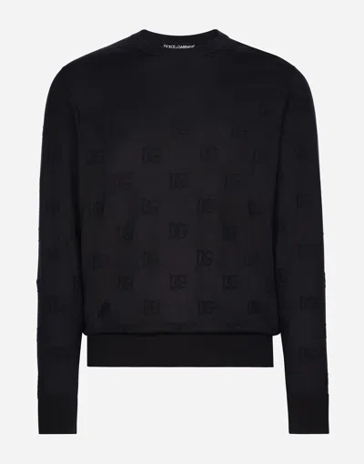 Dolce & Gabbana Round-neck Sweater With All-over Dg In Blue