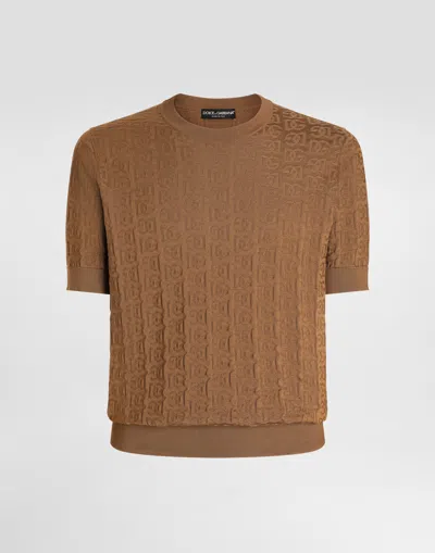 Dolce & Gabbana Silk Round-neck Sweater With All-over Dg Logo Embroidery In Beige