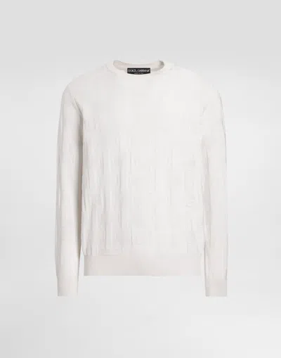 Dolce & Gabbana Silk Round-neck Sweater With All-over Dg Logo Embroidery In Bianco Naturale