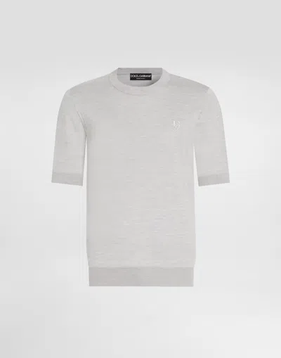 Dolce & Gabbana Silk Round-neck Sweater With Dg Embroidery In Grey