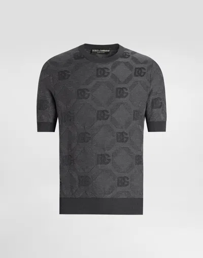 Dolce & Gabbana Silk Round-neck Sweater With Jacquard Logo In Grey