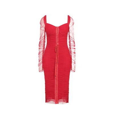Dolce & Gabbana Silk Ruched Tulle Midi Dress In Red