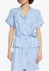 Dolce & Gabbana Short-sleeved Silk Satin Jacquard Pajama Shirt With Dg Logo In Light Blue