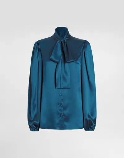 Dolce & Gabbana Silk Satin Shirt With Pussy-bow In Azure