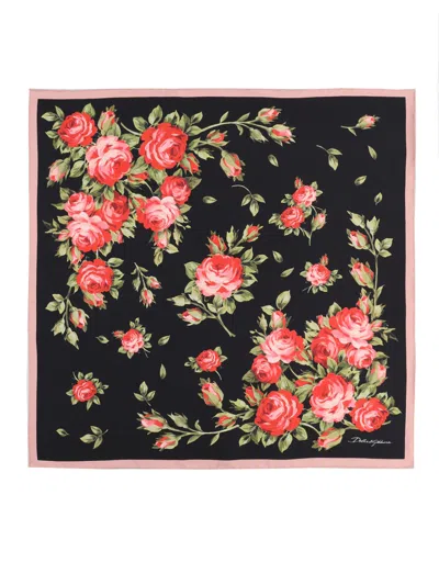 Dolce & Gabbana 90x90 Cm Silk Twill Scarf With A Rose Bouquet Print In Animal Print