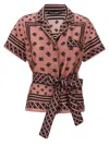 Dolce & Gabbana Pink Shirt With All-over Printed Dg Logo And Waist Belt In Silk Woman In Pink