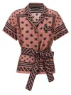 Dolce & Gabbana Pink Shirt With All-over Printed Dg Logo And Waist Belt In Silk Woman In Pink