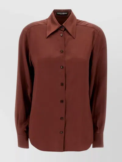 Dolce & Gabbana Silk Shirt With Buttoned Cuffs And Italian Collar In Brown