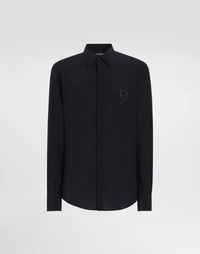 Dolce & Gabbana Silk Shirt With Logo Embroidery In Black