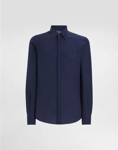 Dolce & Gabbana Silk Shirt With Logo Embroidery In Blue