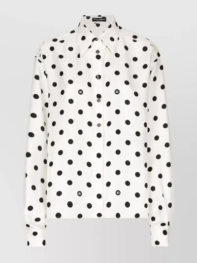 Dolce & Gabbana Polka Dots Logo Printed Silk Twill Shirt In White