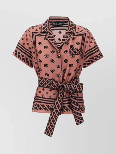 DOLCE & GABBANA SILK SHIRT WITH WAIST TIE AND LOGO PATTERN