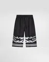 Dolce & Gabbana Black Bermuda Pants With Drawstring Elastic Waist And Maxi Print In Silk Man In Black