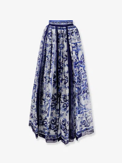 Dolce & Gabbana Silk Skirt With Maiolica Print In Blue