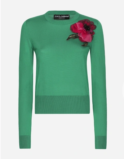 Dolce & Gabbana Silk Jumper With Flower Appliqué In Green