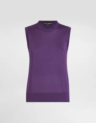 Dolce & Gabbana Silk Tank Top With Flower Brooch In Purple