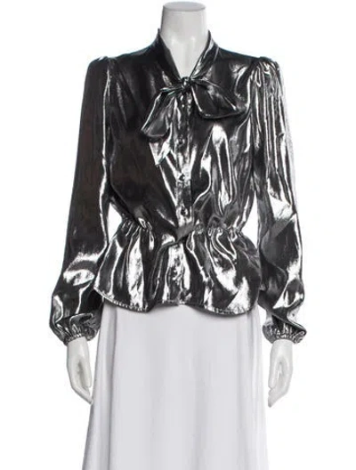 Pre-owned Dolce & Gabbana Silk Tie Neck Blouse In Gray