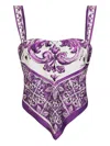 Dolce & Gabbana Silk Top With Majolica Print And Handkerchief Hem In Purple