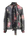 Dolce & Gabbana Rose Bouquet-print Silk Chiffon Neck-tie Blouse In Black