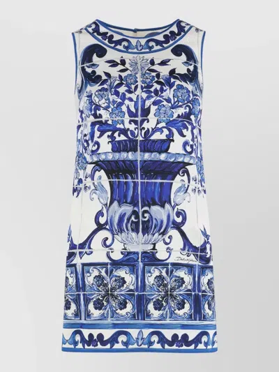 Dolce & Gabbana Silk Top Floral Maiolica Print Sleeveless In Blue