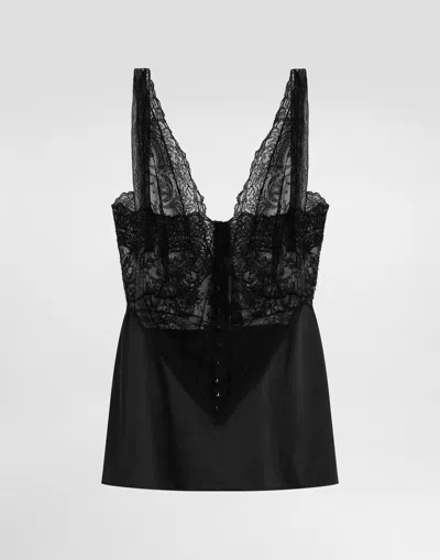 Dolce & Gabbana Silk Top With Lace Inserts In Black