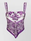 Dolce & Gabbana Silk Top With Majolica Print And Handkerchief Hem In Purple