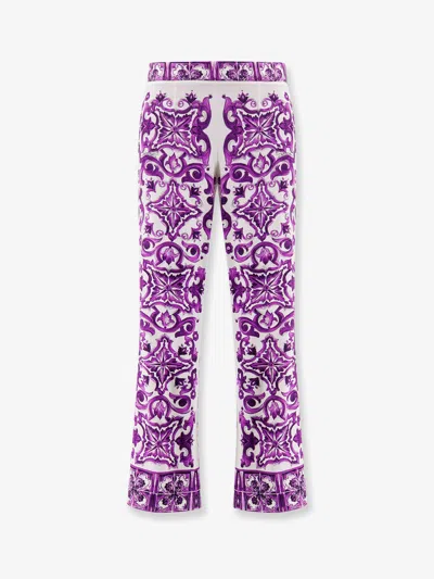 Dolce & Gabbana Maiolica Print Silk Wide Leg Trousers In Purple