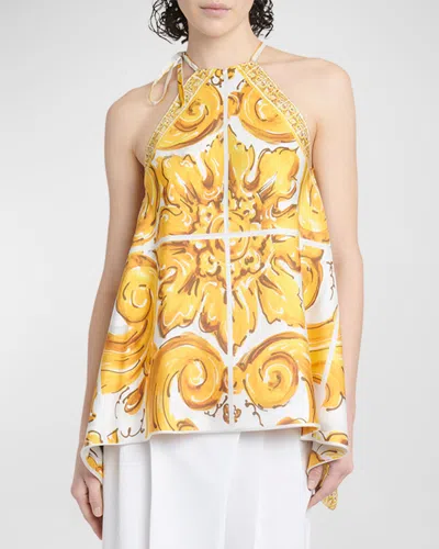 DOLCE & GABBANA SILK TWILL BROCADE PRINT TOP WITH TIE NECK