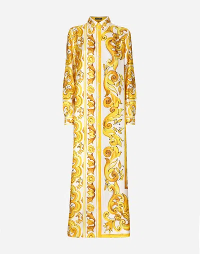 Dolce & Gabbana Silk Twill Caftan Shirt With Majolica Print In Yellow