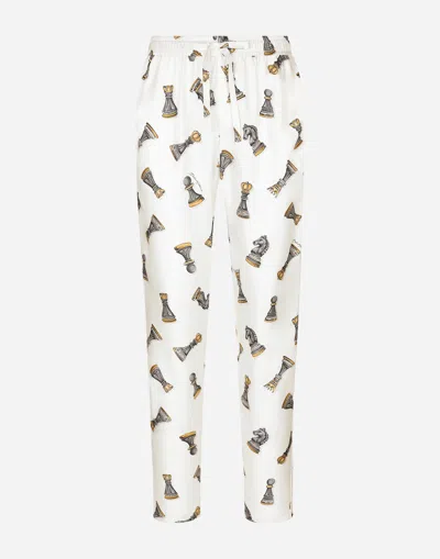 Dolce & Gabbana Silk Twill Jogging Trousers With Chess-piece Print