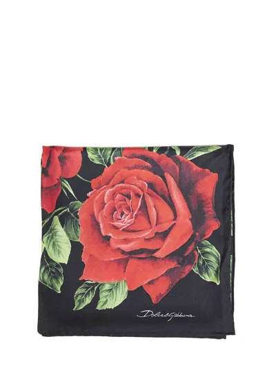 Dolce & Gabbana Silk Twill Rose Print Scarf In Black