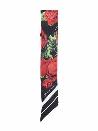 Dolce & Gabbana Silk Twill Rose Print Scarf In Red