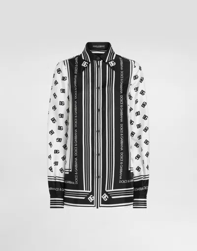 Dolce & Gabbana Silk Twill Shirt With Dg All-over Logo In Multi