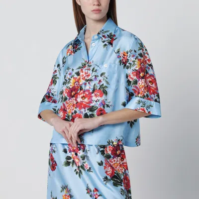 Dolce & Gabbana Silk Twill Shirt With Floral Print In Blue