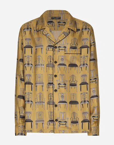Dolce & Gabbana Silk Twill Shirt With Seat Print In Multicolor