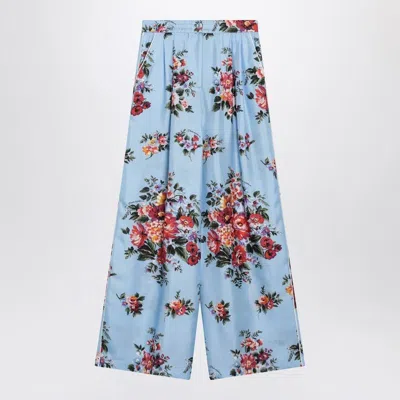 Dolce & Gabbana Silk Twill Trousers With Floral Print In Blue