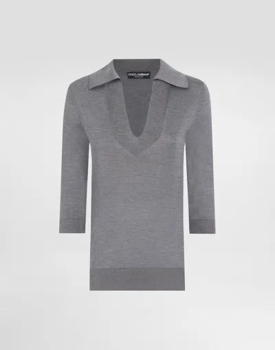Dolce & Gabbana Silk V-neck Polo-shirt With Dg Logo Embroidery In Grey