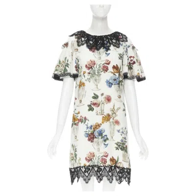 Pre-owned Dolce & Gabbana Dolce Gabbana Silk Vase Floral Lace Cold Shoulder Flared Dress It38 Xs In Gray