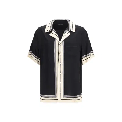 Dolce & Gabbana Silk With Logo And Striped Trim Shirt In Black