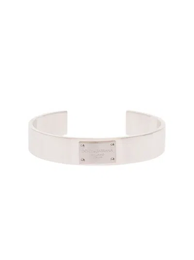 Dolce & Gabbana Silver-colored Bracelet With Logo Plaque In Brass Man In Grey