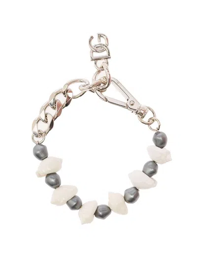 DOLCE & GABBANA SILVER-COLORED BRACELET WITH SHELL AND LOGO CHARM