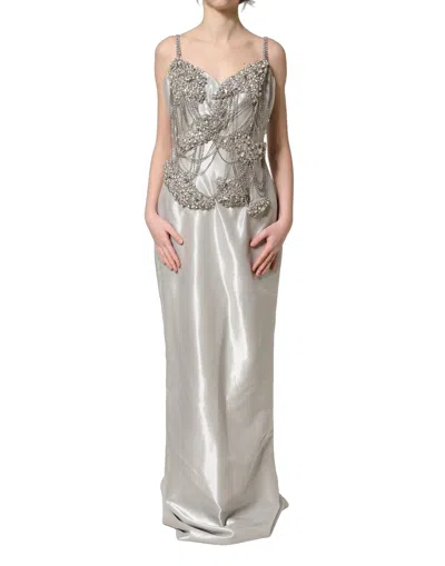 Dolce & Gabbana Silver Crystal Embellished Eveninggown Dress In Gray