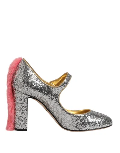 Pre-owned Dolce & Gabbana Silver Glitter Mink Fur Vally Pump Women's Shoes ()